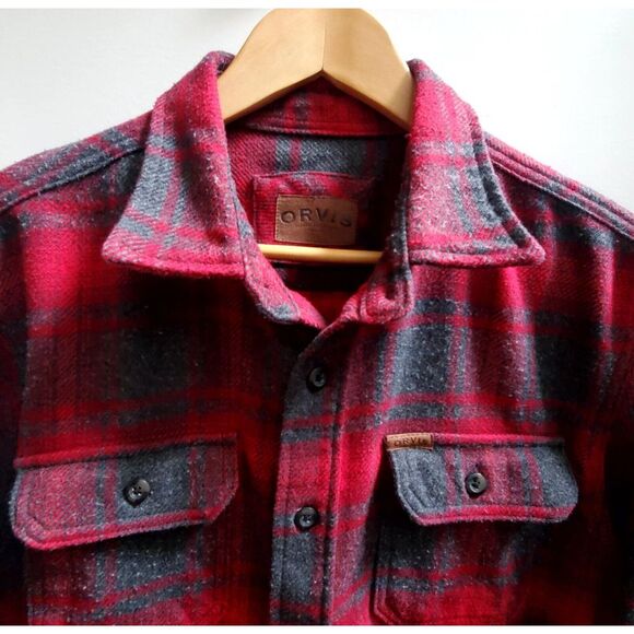 ORVIS Shacket Men's MED Plaid Red/ Grey Flannel  Shirt Side/Front Pockets - Picture 7 of 14